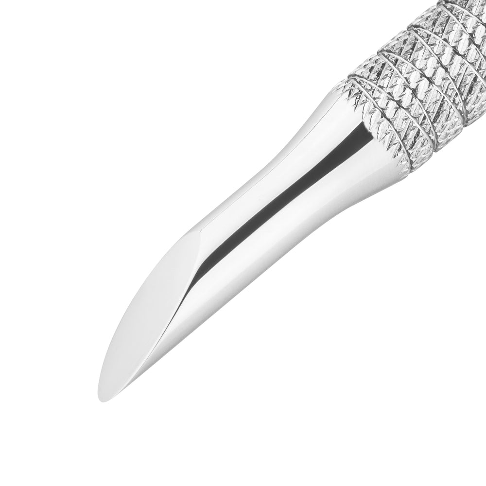 Ergonomic nail tool with anti-slip handles and gloss-polished working part for precise manicure and pedicure work.