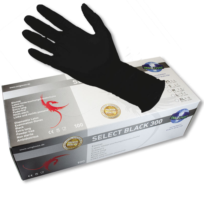 Unigloves Select Black latex gloves ultra resistant XS, S or M, pro package 300 pcs